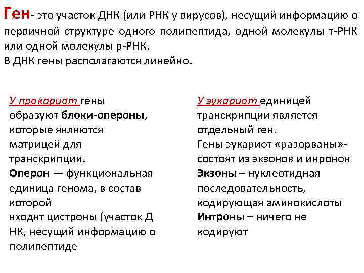 Ген- это участок ДНК (или РНК у вирусов), несущий информацию о первичной структуре одного