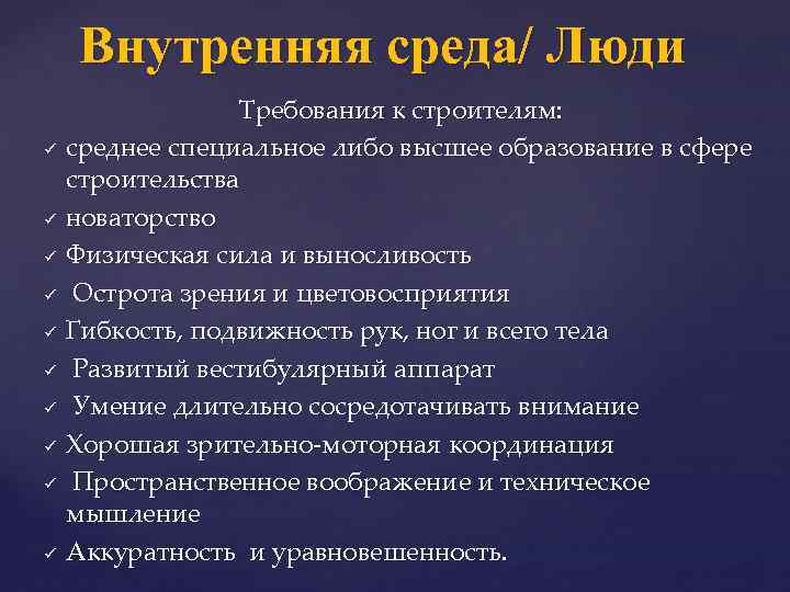 Внутренняя среда/ Люди ü ü ü ü ü Требования к строителям: среднее специальное либо