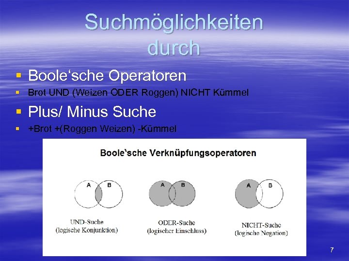 Suchmöglichkeiten durch § Boole‘sche Operatoren § Brot UND (Weizen ODER Roggen) NICHT Kümmel §