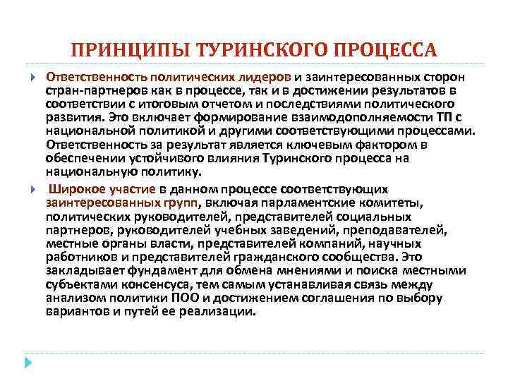 ПРИНЦИПЫ ТУРИНСКОГО ПРОЦЕССА Ответственность политических лидеров и заинтересованных сторон стран-партнеров как в процессе, так