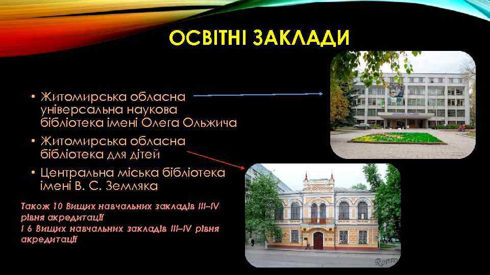 ОСВІТНІ ЗАКЛАДИ • Житомирська обласна універсальна наукова бібліотека імені Олега Ольжича • Житомирська обласна