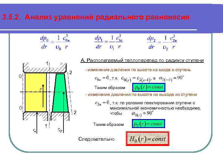 3. 5. 2. Анализ уравнений радиального равновесия А. Располагаемый теплоперепад по радиусу ступени 1