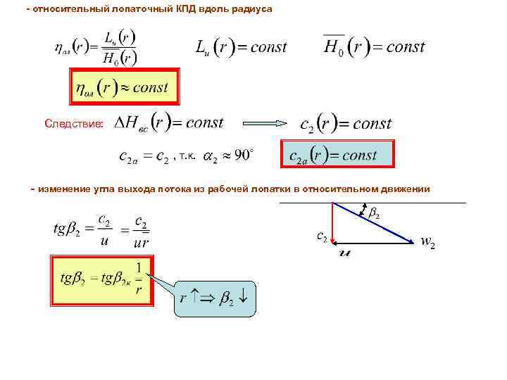 - относительный лопаточный КПД вдоль радиуса Следствие: , т. к. - изменение угла выхода