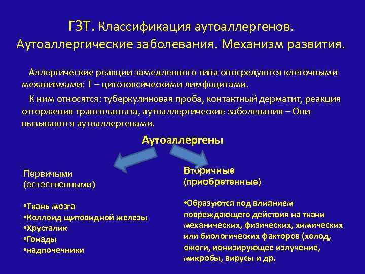 ГЗТ. Классификация аутоаллергенов. Аутоаллергические заболевания. Механизм развития. Аллергические реакции замедленного типа опосредуются клеточными механизмами: