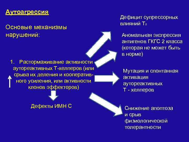Аутоагрессия Основые механизмы нарушений: 1. Растормаживание активности аутореактивных Т-хелперов (или срыва их деления и