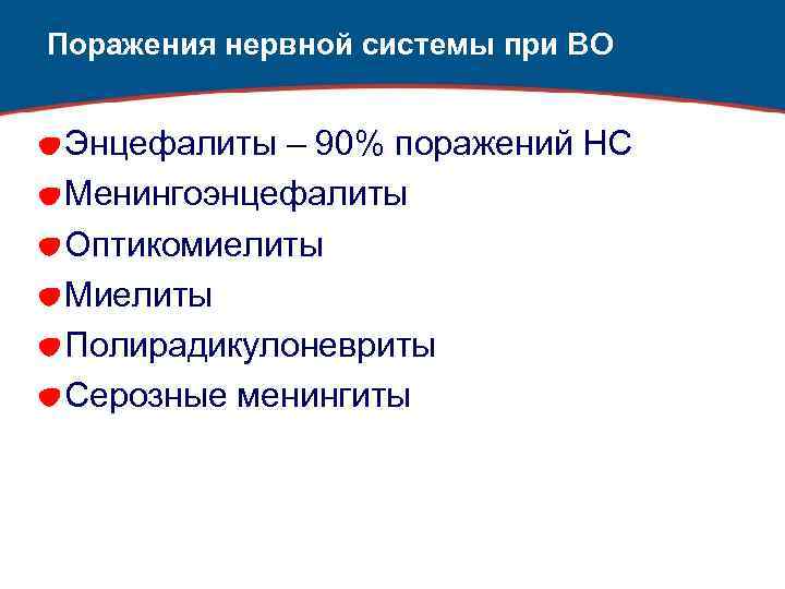 Поражения нервной системы при ВО Энцефалиты – 90% поражений НС Менингоэнцефалиты Оптикомиелиты Миелиты Полирадикулоневриты