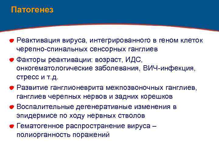 Патогенез Реактивация вируса, интегрированного в геном клеток черепно-спинальных сенсорных ганглиев Факторы реактивации: возраст, ИДС,