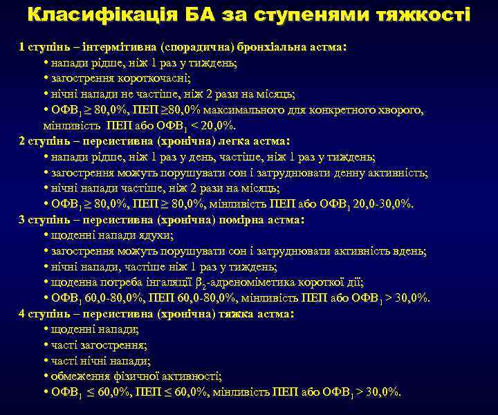 Класифікація БА за ступенями тяжкості 1 ступінь – інтермітивна (спорадична) бронхіальна астма: • напади