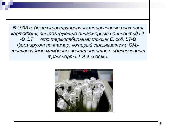 В 1995 г. были сконструированы трансгенные растения картофеля, синтезирующие олигомерный полипептид LT B. LT