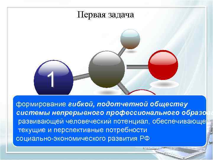 Первая задача 1 формирование гибкой, подотчетной обществу системы непрерывного профессионального образова развивающей человеческий потенциал,