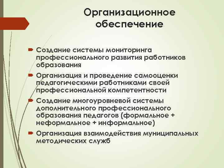 Организационное обеспечение Создание системы мониторинга профессионального развития работников образования Организация и проведение самооценки педагогическими