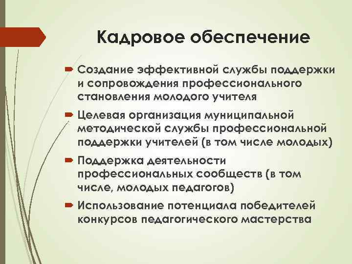 Кадровое обеспечение Создание эффективной службы поддержки и сопровождения профессионального становления молодого учителя Целевая организация