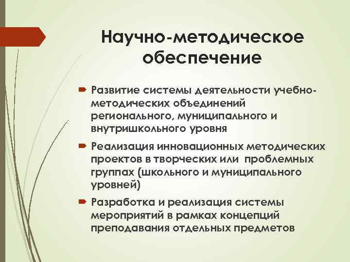 Научно-методическое обеспечение Развитие системы деятельности учебнометодических объединений регионального, муниципального и внутришкольного уровня Реализация инновационных