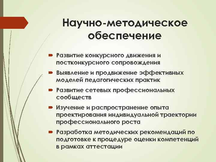 Научно-методическое обеспечение Развитие конкурсного движения и постконкурсного сопровождения Выявление и продвижение эффективных моделей педагогических