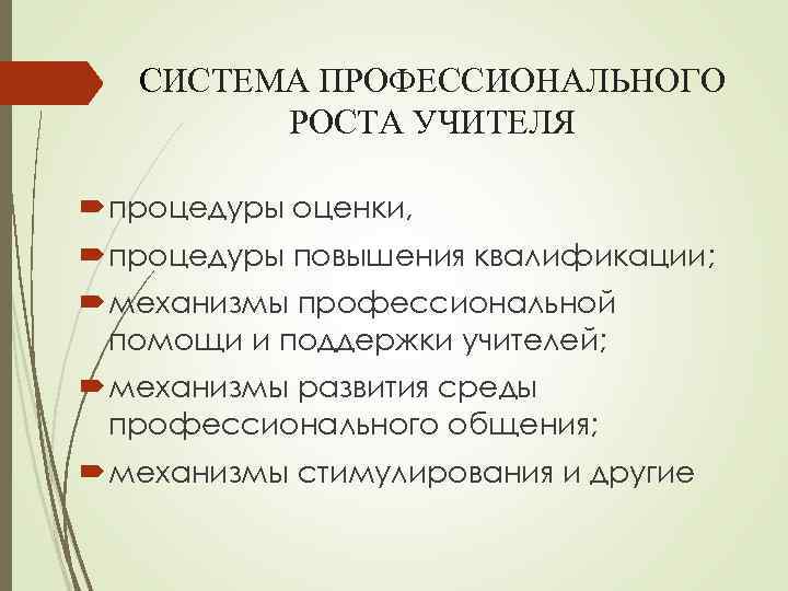 СИСТЕМА ПРОФЕССИОНАЛЬНОГО РОСТА УЧИТЕЛЯ процедуры оценки, процедуры повышения квалификации; механизмы профессиональной помощи и поддержки