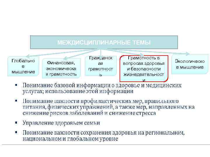 ГРАМОТНОСТЬ В ВОПРОСАХ ЗДОРОВЬЯ МЕЖДИСЦИПЛИНАРНЫЕ ТЕМЫ Глобально е мышление Финансовая, экономическа я грамотность Гражданск