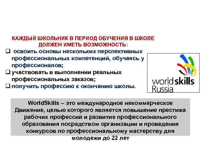 ДЛЯ ИННОВАЦИОННОГО РАЗВИТИЯ СТРАНЫ НУЖНЫ ПРОФЕССИОНАЛЫ – РАБОЧИЕ И ИНЖЕНЕРНО-ТЕХНИЧЕСКИЕ КАДРЫ КАЖДЫЙ ШКОЛЬНИК В