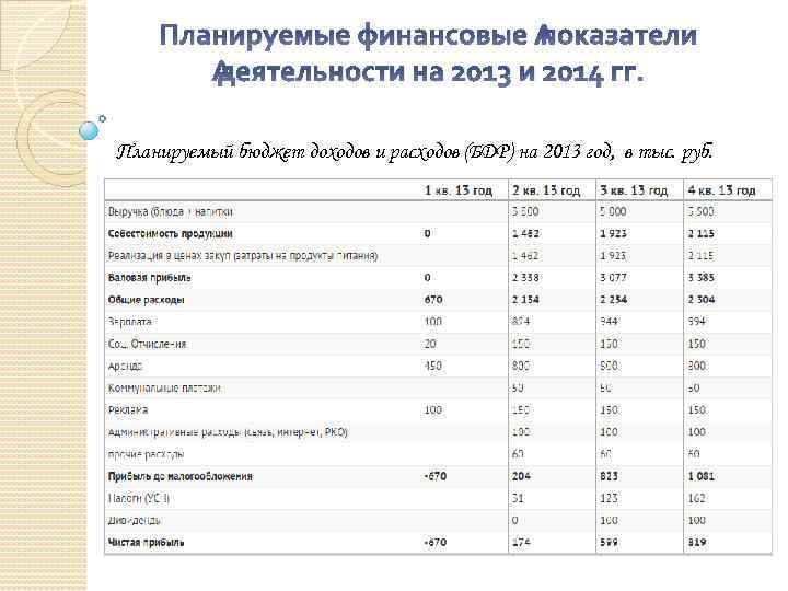Планируемые финансовые показатели деятельности на 2013 и 2014 гг. Планируемый бюджет доходов и расходов