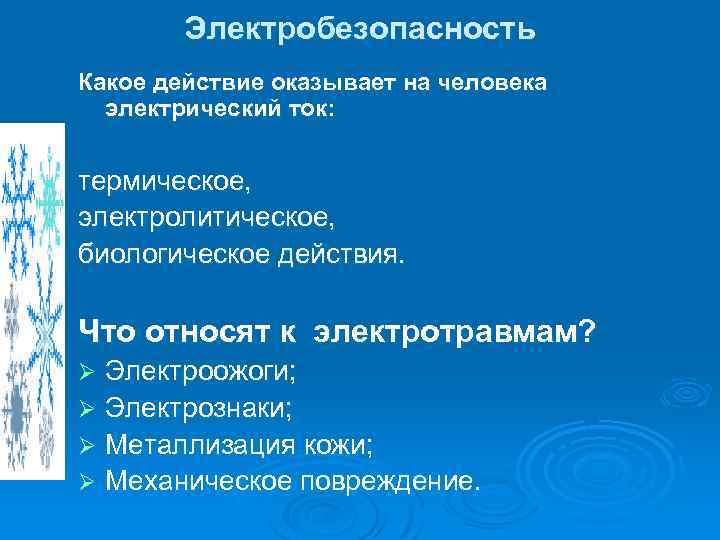 Электробезопасность Какое действие оказывает на человека электрический ток: термическое, электролитическое, биологическое действия. Что относят