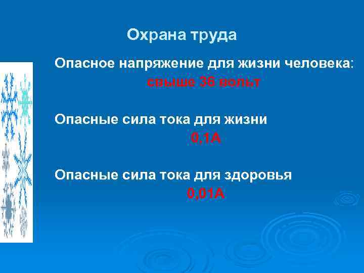 Охрана труда Опасное напряжение для жизни человека: свыше 36 вольт Опасные сила тока для