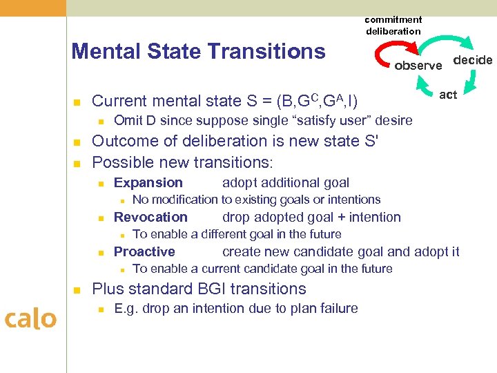 commitment deliberation Mental State Transitions n Current mental state S = (B, GC, GA,
