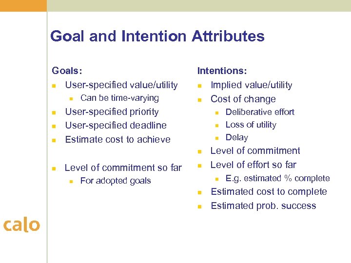 Goal and Intention Attributes Goals: n User-specified value/utility n n Can be time-varying Intentions: