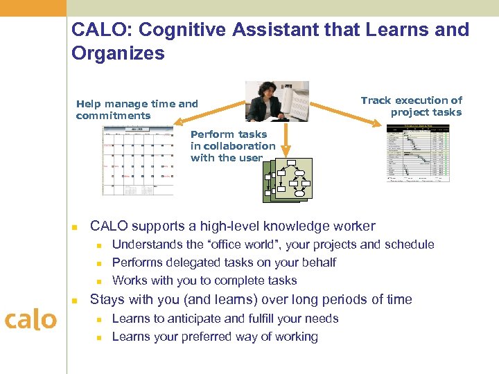 CALO: Cognitive Assistant that Learns and Organizes Help manage time and commitments Track execution