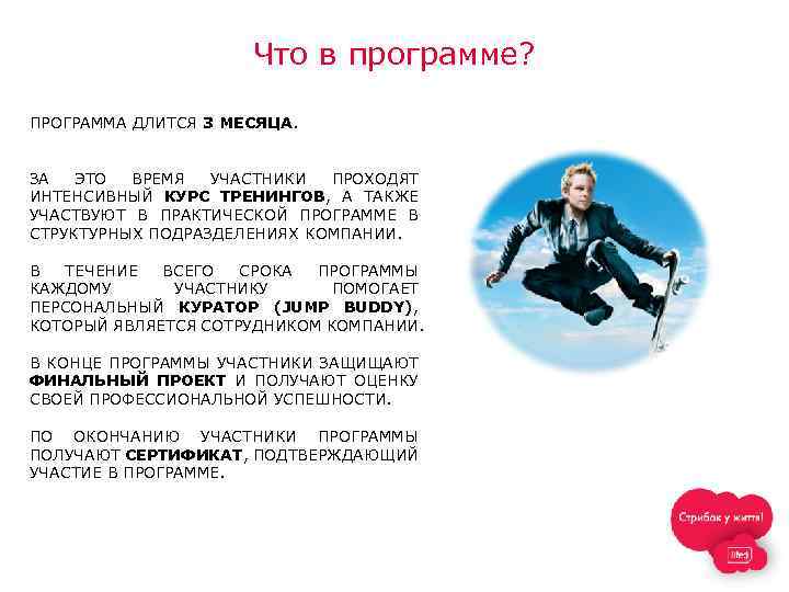 Что в программе? ПРОГРАММА ДЛИТСЯ 3 МЕСЯЦА. ЗА ЭТО ВРЕМЯ УЧАСТНИКИ ПРОХОДЯТ ИНТЕНСИВНЫЙ КУРС