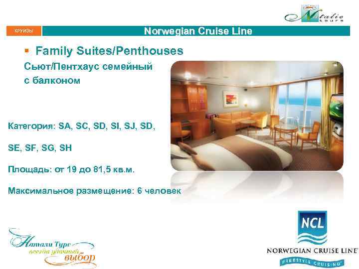 КРУИЗЫ Norwegian Cruise Line § Family Suites/Penthouses Сьют/Пентхаус семейный с балконом Категория: SA, SC,