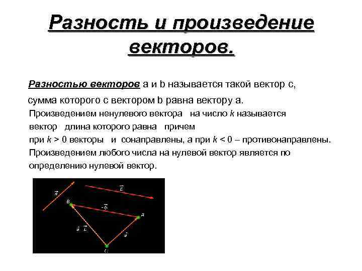 Разность и произведение векторов. Разностью векторов a и b называется такой вектор c, сумма