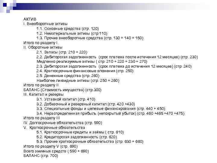 АКТИВ I. Внеоборотные активы 1. 1. Основные средства (стр. 120) 1. 2. Нематериальные активы