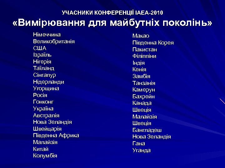 УЧАСНИКИ КОНФЕРЕНЦІЇ IAEA-2010 «Вимірювання для майбутніх поколінь» Німеччина Великобританія США Ізраїль Нігерія Таїланд Сінгапур