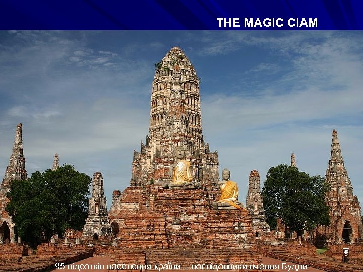 THE MAGIC CIAM Казкова країна Сіам 95 відсотків населення країни – послідовники вчення Будди