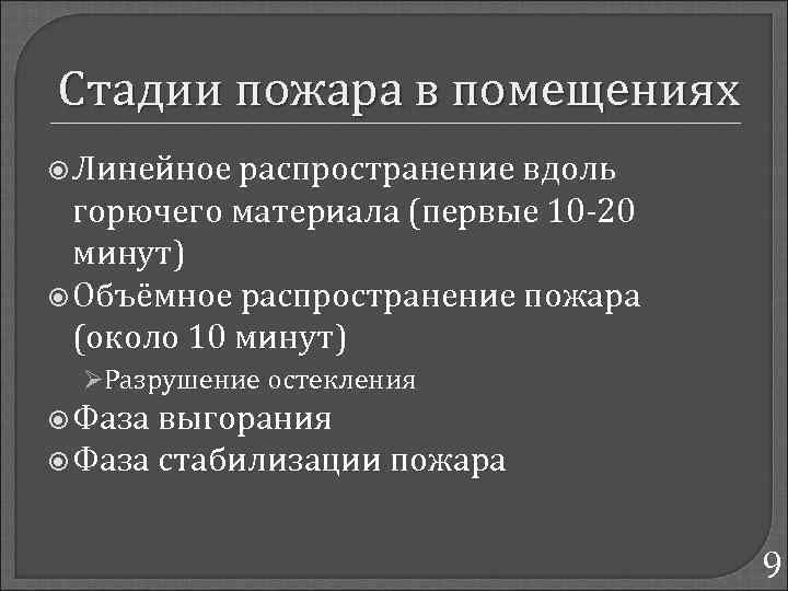 Стадии пожара в помещениях Линейное распространение вдоль горючего материала (первые 10 -20 минут) Объёмное