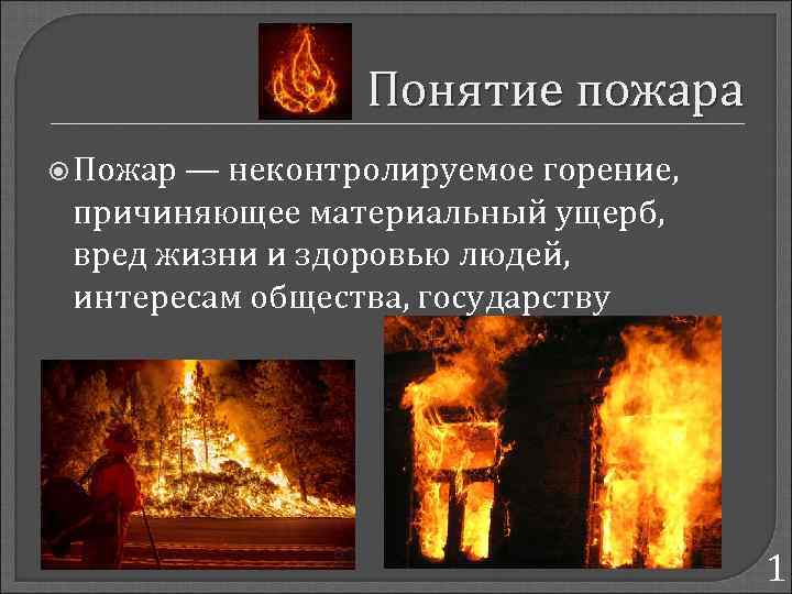 Понятие пожара Пожар — неконтролируемое горение, причиняющее материальный ущерб, вред жизни и здоровью людей,