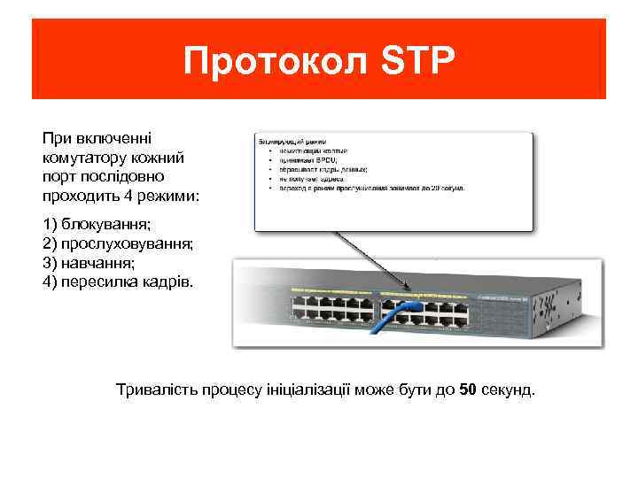 Протокол STP При включенні комутатору кожний порт послідовно проходить 4 режими: 1) блокування; 2)