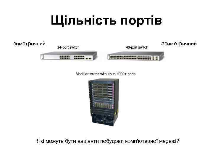 Щільність портів симетричний асиметричний Які можуть бути варіанти побудови комп'ютерної мережі? 