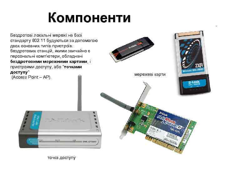 Компоненти Бездротові локальні мережі на базі стандарту 802. 11 будуються за допомогою двох основних
