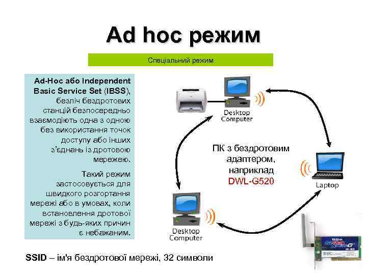 Ad hoc режим Спеціальний режим Ad-Hoc або Independent Basic Service Set (IBSS), безліч бездротових