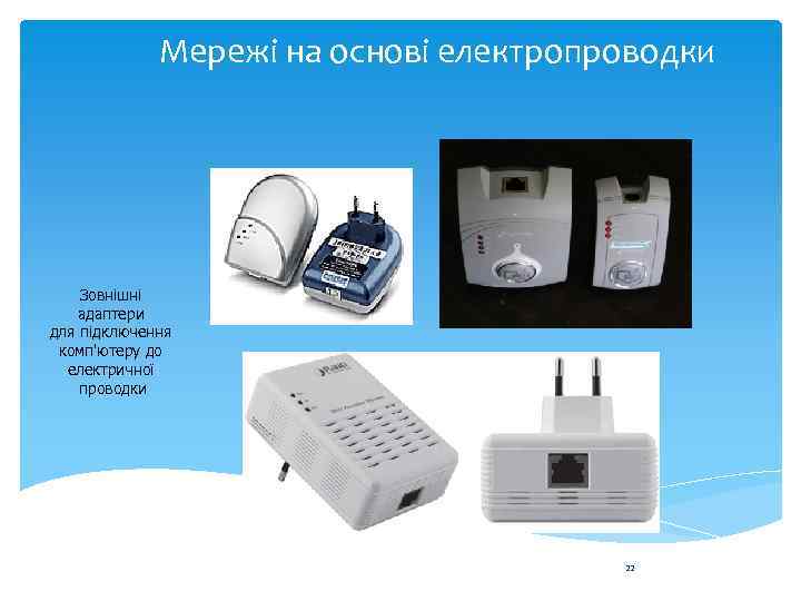 Мережі на основі електропроводки Зовнішні адаптери для підключення комп'ютеру до електричної проводки 22 