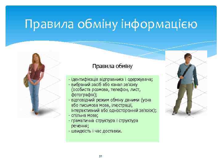 Правила обміну інформацією Правила обміну - ідентифікація відправника і одержувача; - вибраний засіб або