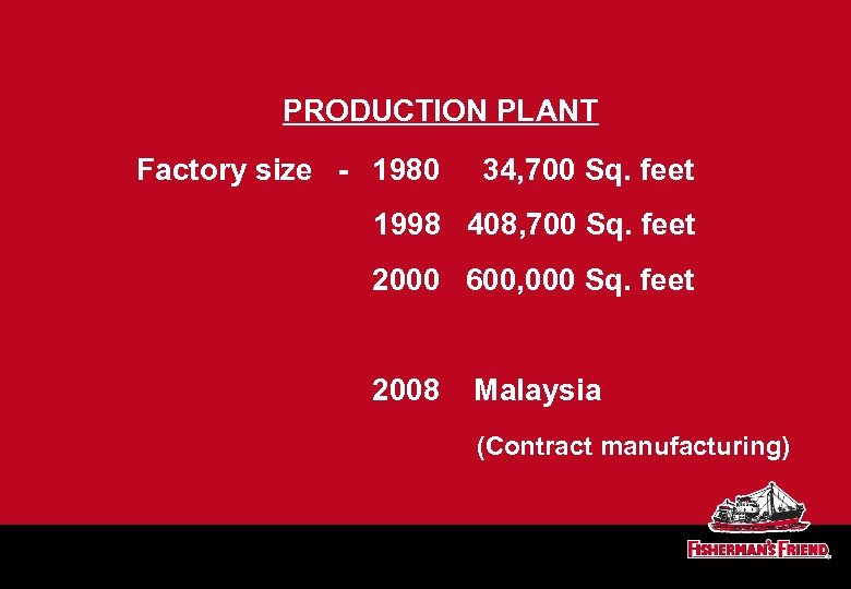 PRODUCTION PLANT Factory size - 1980 34, 700 Sq. feet 1998 408, 700 Sq.
