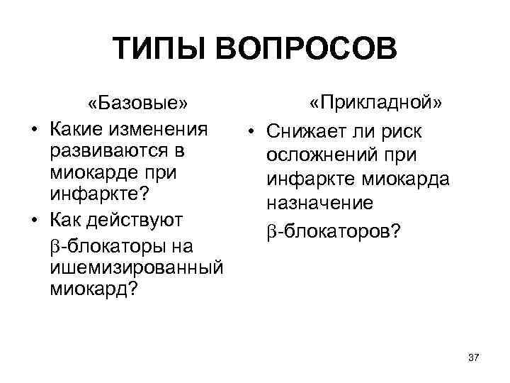 ТИПЫ ВОПРОСОВ «Базовые» • Какие изменения развиваются в миокарде при инфаркте? • Как действуют