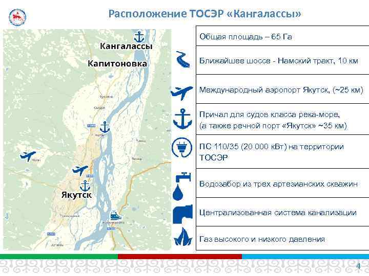 Расположение ТОСЭР «Кангалассы» Общая площадь – 65 Га Ближайшее шоссе - Намский тракт, 10