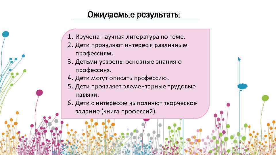 Ожидаемые результаты 1. Изучена научная литература по теме. 2. Дети проявляют интерес к различным