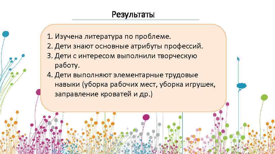 Результаты 1. Изучена литература по проблеме. 2. Дети знают основные атрибуты профессий. 3. Дети