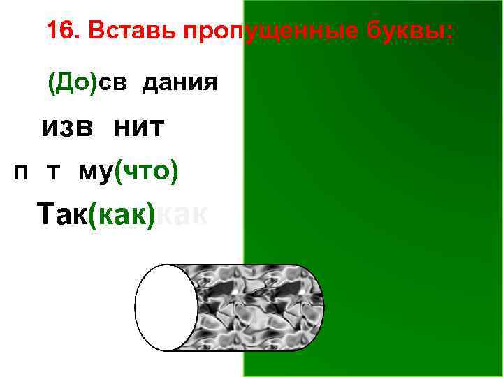 16. Вставь пропущенные буквы: До(До)свидания извините потому(что)что Так(как)как 