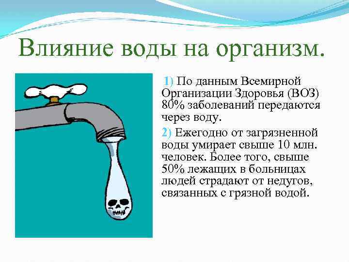 Влияние воды на организм. 1) По данным Всемирной Организации Здоровья (ВОЗ) 80% заболеваний передаются