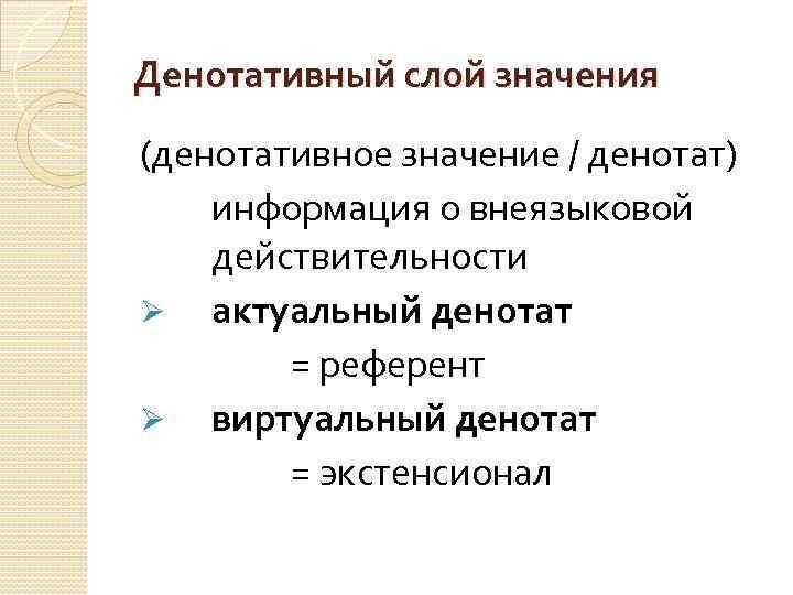 Денотативный слой значения (денотативное значение / денотат) информация о внеязыковой действительности Ø актуальный денотат