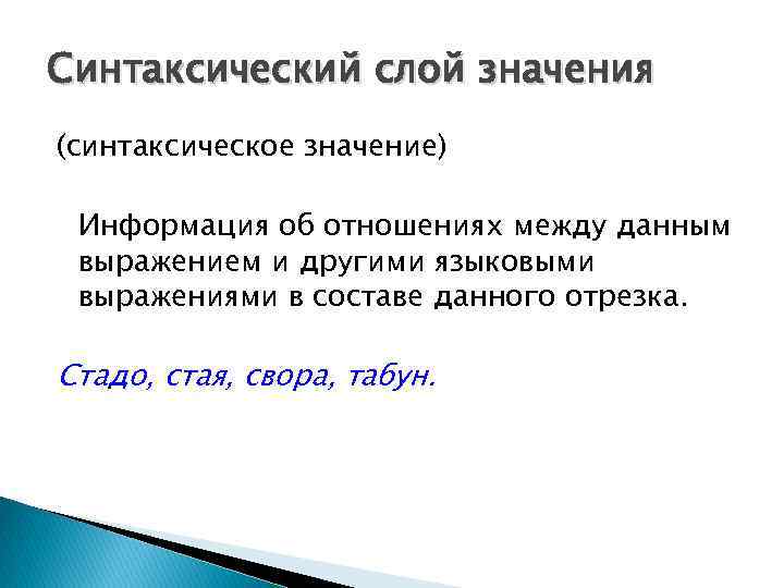 Синтаксический слой значения (синтаксическое значение) Информация об отношениях между данным выражением и другими языковыми